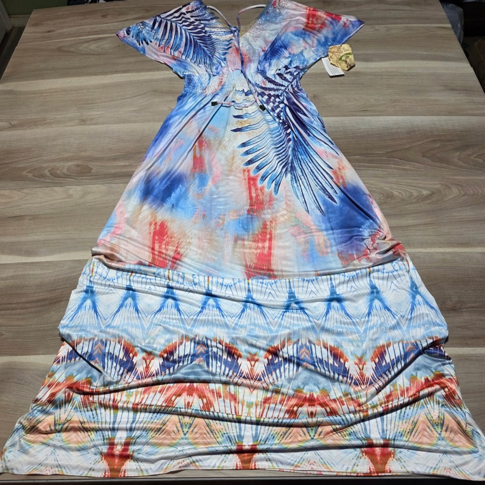 One World Maxi Dress Womens M Blue Tropical Rhinestone Smocked Waist New W Tags